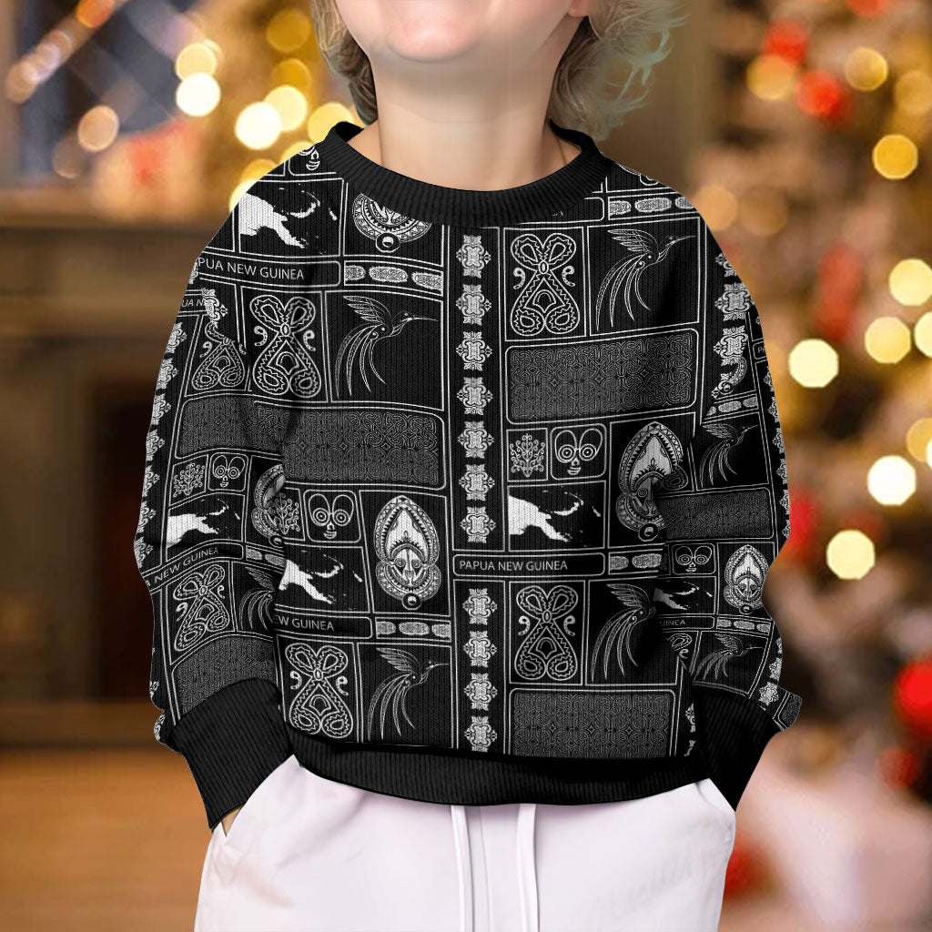 Papua New Guinea Heritage Motif Kid Ugly Christmas Sweater Black Version LT05 - Polynesian Pride