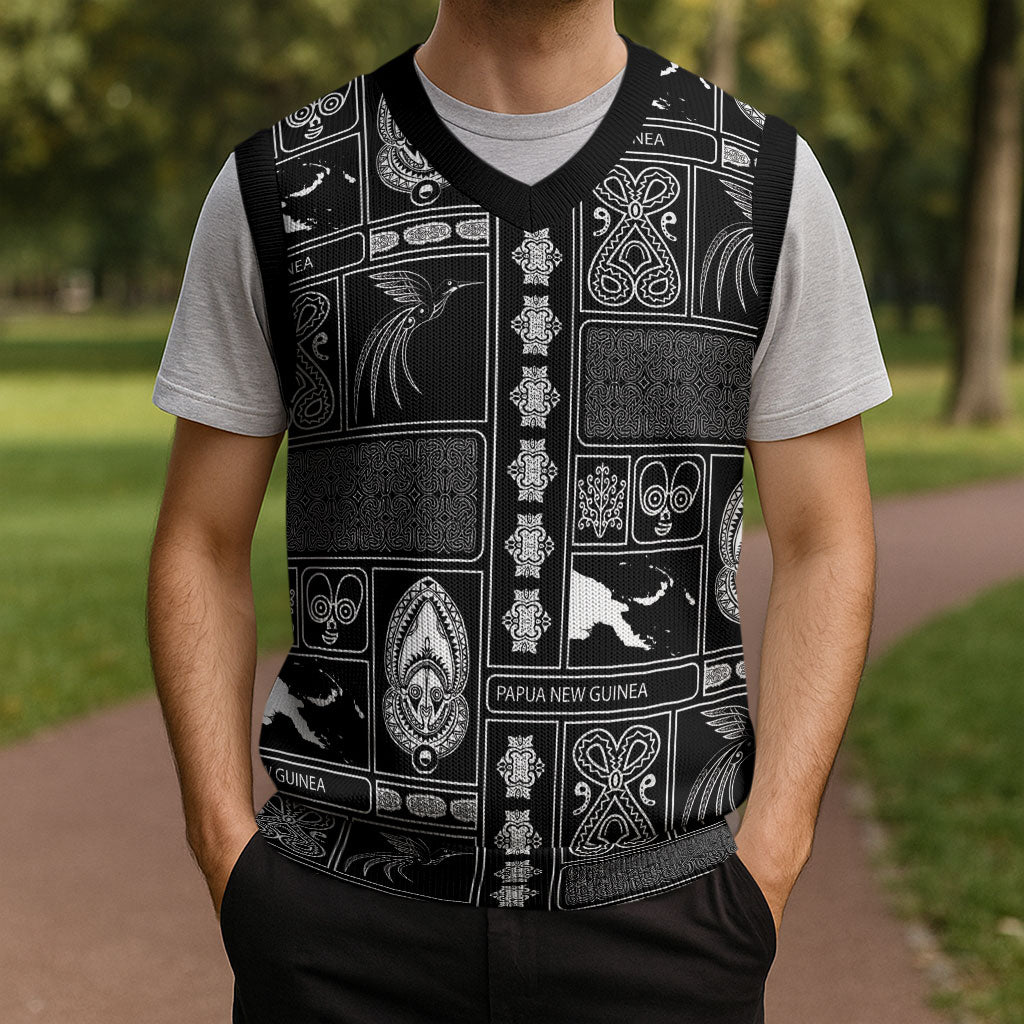Papua New Guinea Heritage Motif Christmas Knitted V-Neck Vest Black Version LT05 - Polynesian Pride