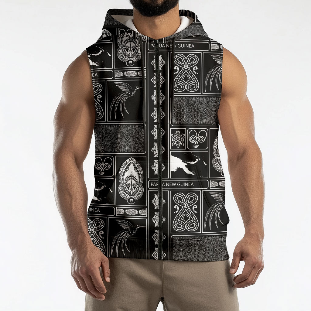 Papua New Guinea Heritage Motif Sleeveless Zip Hoodie Black Version LT05 - Polynesian Pride