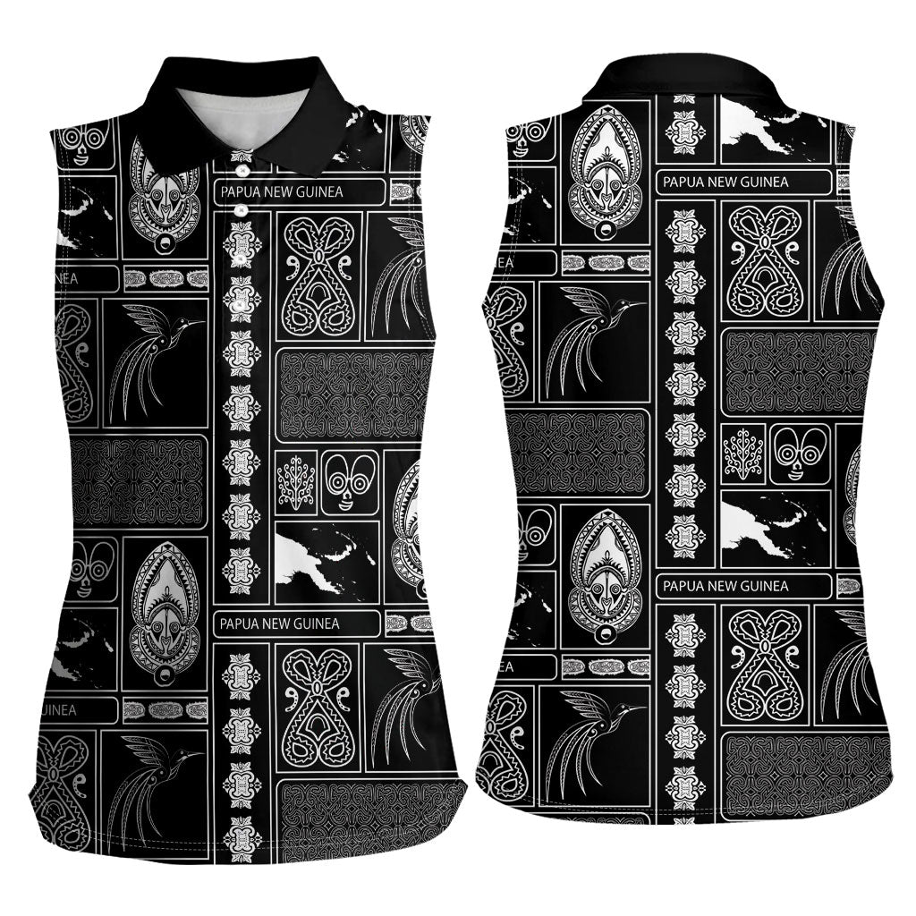 Papua New Guinea Heritage Motif Women Sleeveless Polo Shirt Black Version LT05 - Polynesian Pride