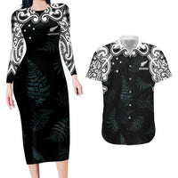 Custom New Zealand Fern Women Rugby Couples Matching Long Sleeve Bodycon Dress and Hawaiian Shirt Maori Pattern LT05 Black - Polynesian Pride