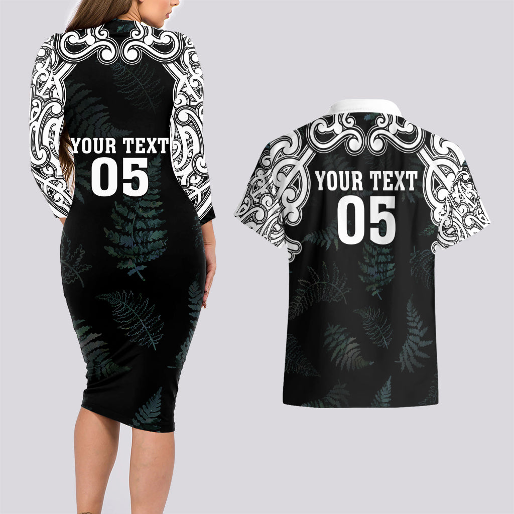 Custom New Zealand Fern Women Rugby Couples Matching Long Sleeve Bodycon Dress and Hawaiian Shirt Maori Pattern LT05 - Polynesian Pride