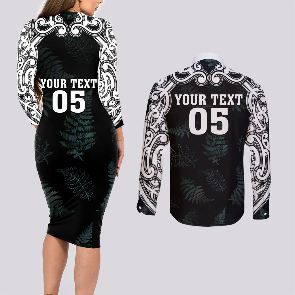 Custom New Zealand Fern Women Rugby Couples Matching Long Sleeve Bodycon Dress and Long Sleeve Button Shirt Maori Pattern LT05 - Polynesian Pride
