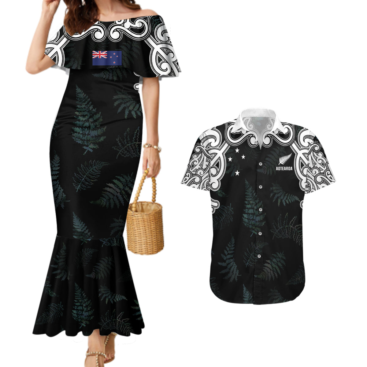 Custom New Zealand Fern Women Rugby Couples Matching Mermaid Dress and Hawaiian Shirt Maori Pattern LT05 Black - Polynesian Pride