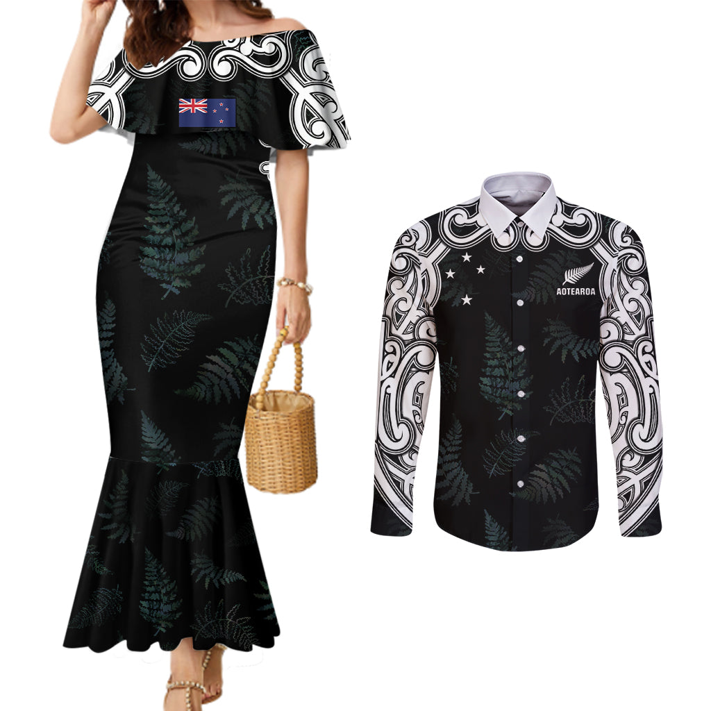 Custom New Zealand Fern Women Rugby Couples Matching Mermaid Dress and Long Sleeve Button Shirt Maori Pattern LT05 Black - Polynesian Pride