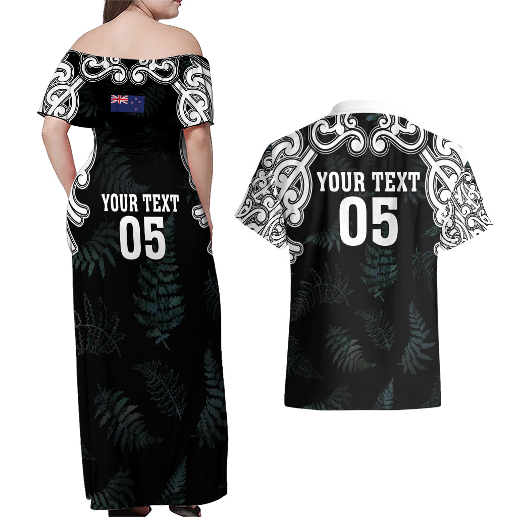 Custom New Zealand Fern Women Rugby Couples Matching Off Shoulder Maxi Dress and Hawaiian Shirt Maori Pattern LT05 - Polynesian Pride