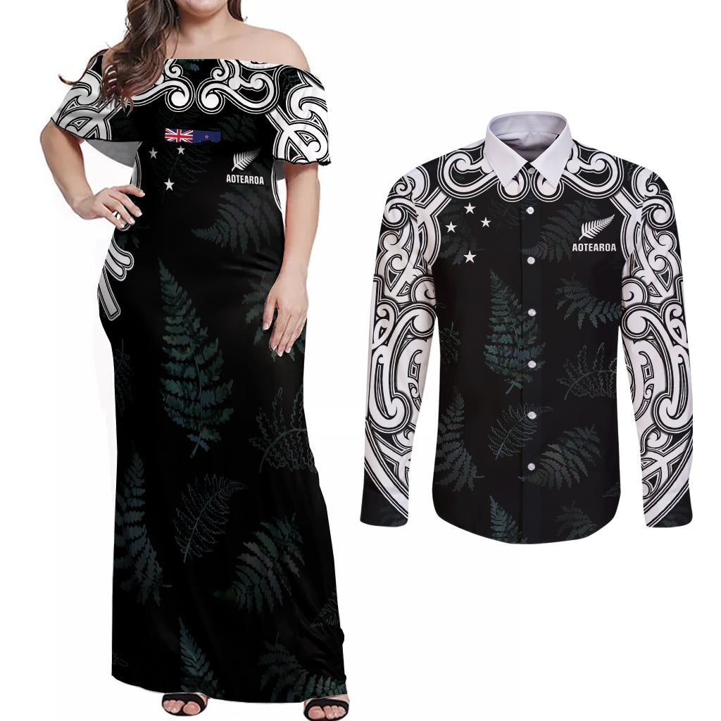 Custom New Zealand Fern Women Rugby Couples Matching Off Shoulder Maxi Dress and Long Sleeve Button Shirt Maori Pattern LT05 Black - Polynesian Pride