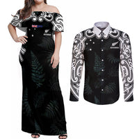 Custom New Zealand Fern Women Rugby Couples Matching Off Shoulder Maxi Dress and Long Sleeve Button Shirt Maori Pattern LT05 Black - Polynesian Pride