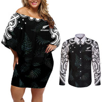 Custom New Zealand Fern Women Rugby Couples Matching Off Shoulder Short Dress and Long Sleeve Button Shirt Maori Pattern LT05 Black - Polynesian Pride