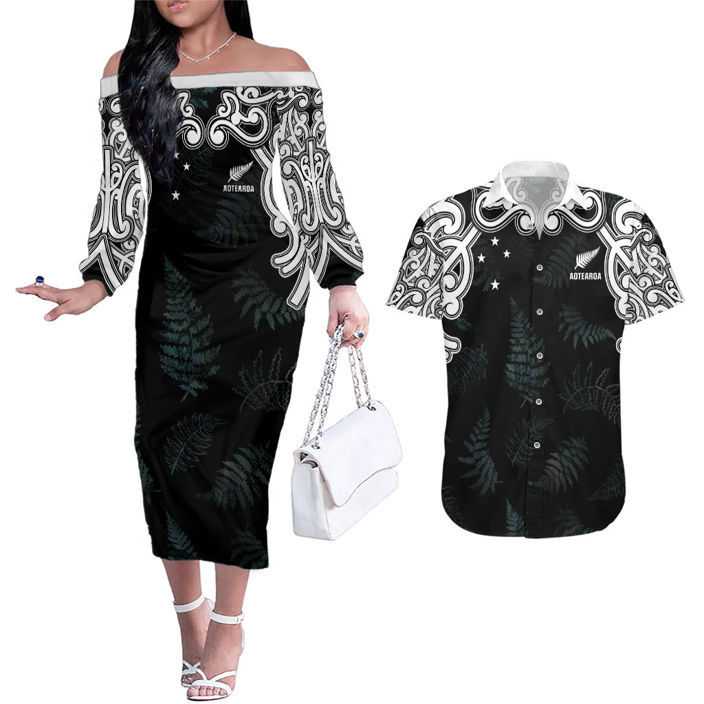 Custom New Zealand Fern Women Rugby Couples Matching Off The Shoulder Long Sleeve Dress and Hawaiian Shirt Maori Pattern LT05 Black - Polynesian Pride