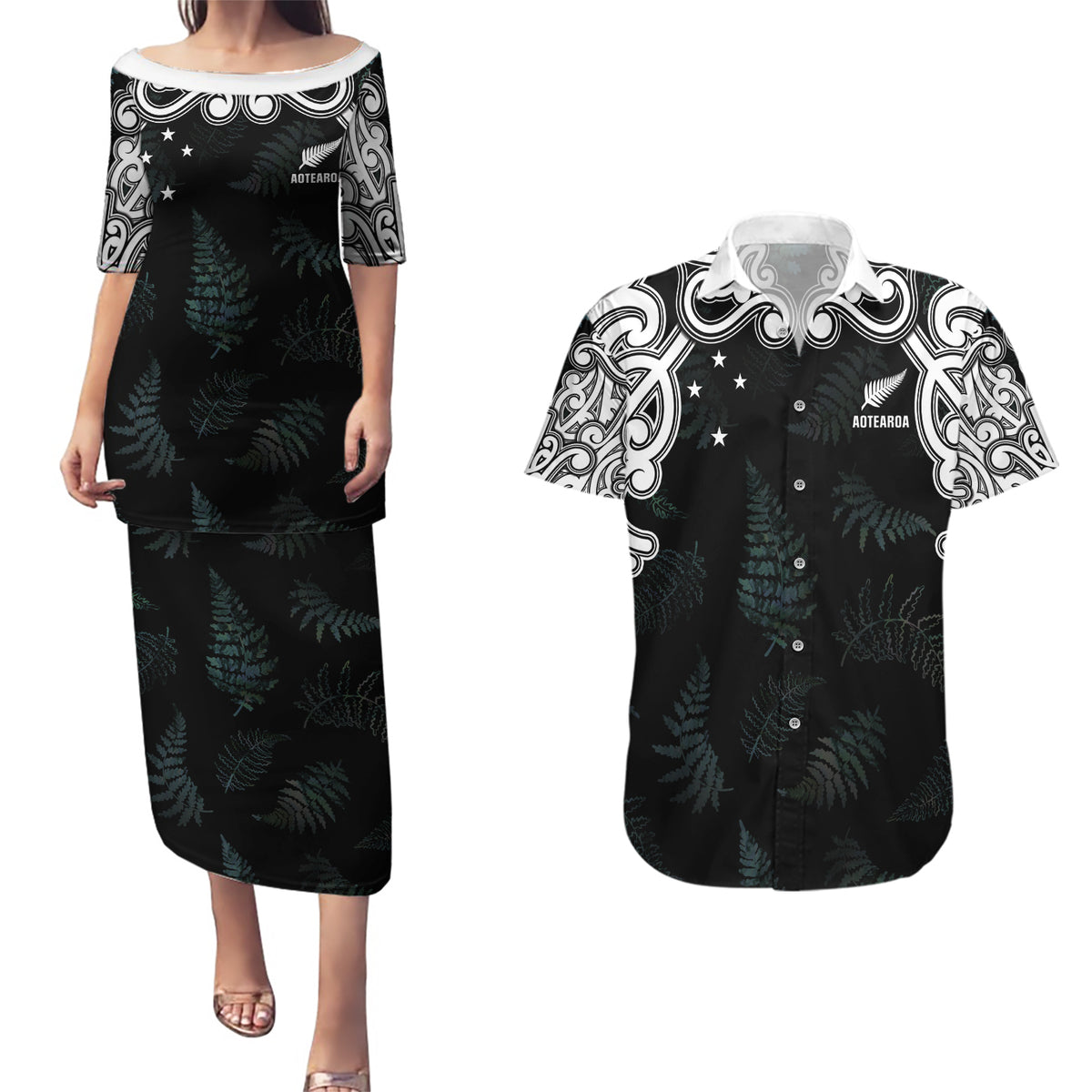 Custom New Zealand Fern Women Rugby Couples Matching Puletasi and Hawaiian Shirt Maori Pattern LT05 Black - Polynesian Pride