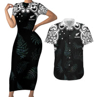 Custom New Zealand Fern Women Rugby Couples Matching Short Sleeve Bodycon Dress and Hawaiian Shirt Maori Pattern LT05 Black - Polynesian Pride