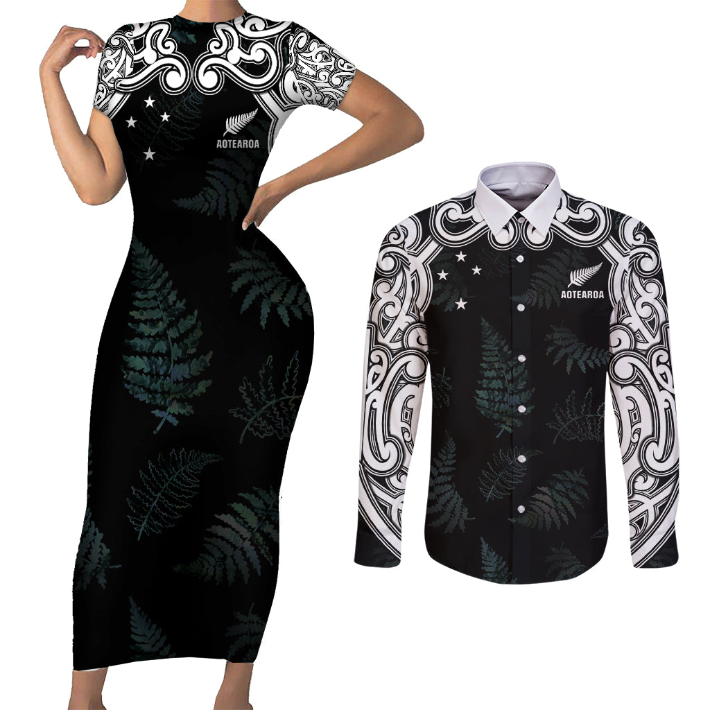Custom New Zealand Fern Women Rugby Couples Matching Short Sleeve Bodycon Dress and Long Sleeve Button Shirt Maori Pattern LT05 Black - Polynesian Pride
