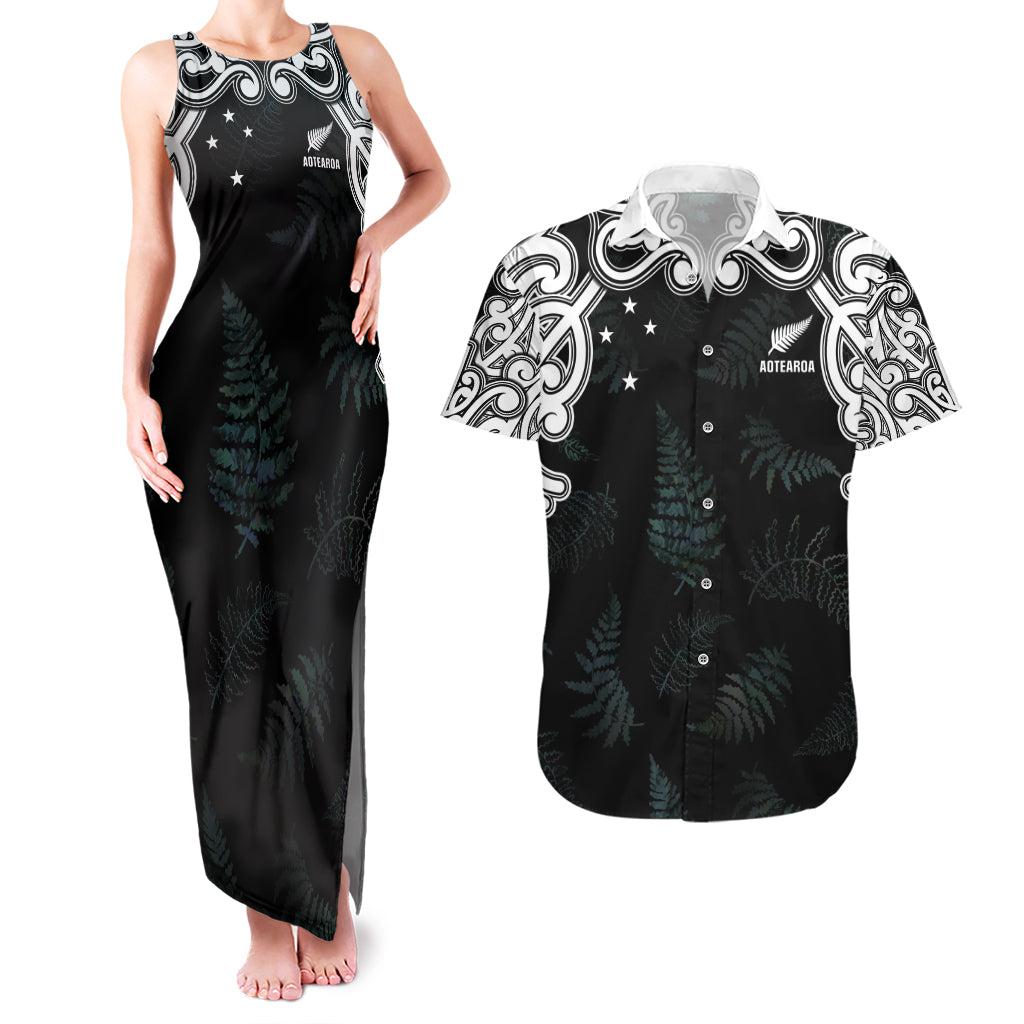 Custom New Zealand Fern Women Rugby Couples Matching Tank Maxi Dress and Hawaiian Shirt Maori Pattern LT05 Black - Polynesian Pride