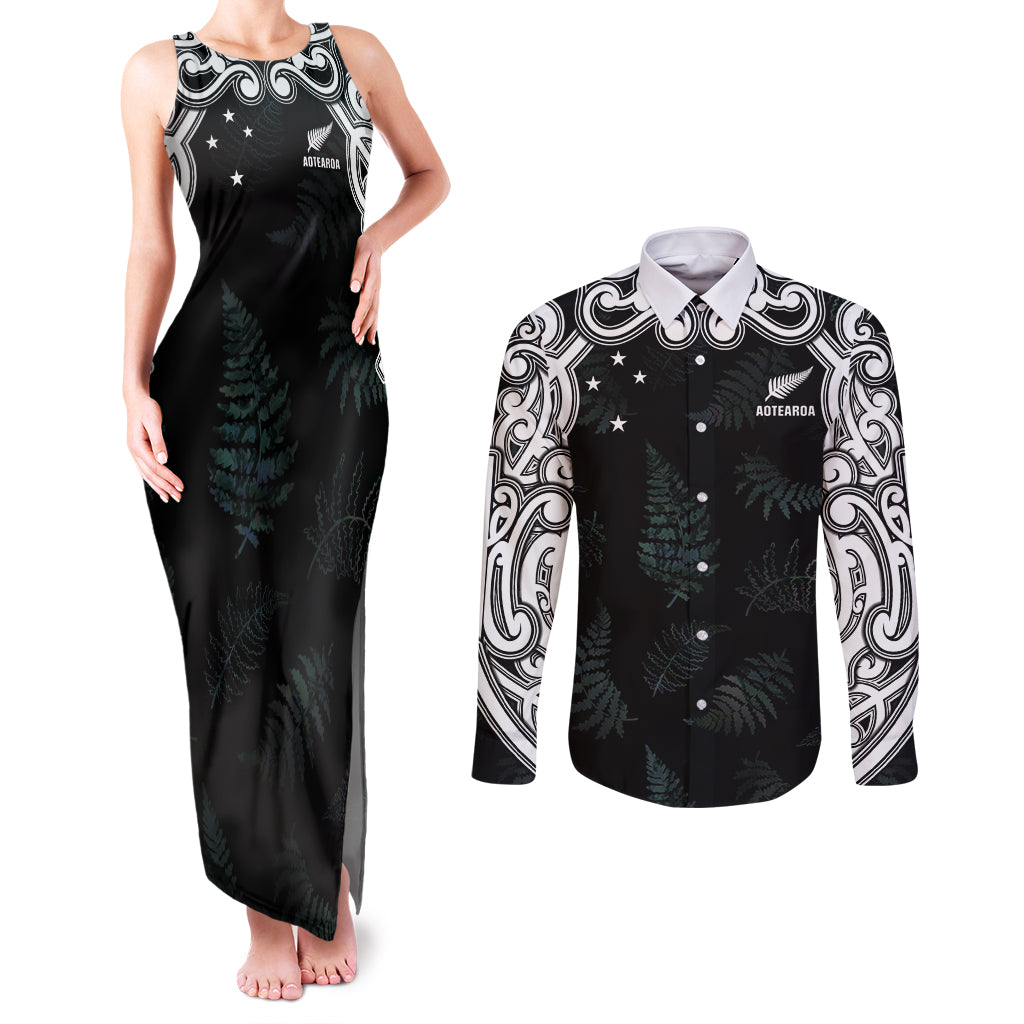 Custom New Zealand Fern Women Rugby Couples Matching Tank Maxi Dress and Long Sleeve Button Shirt Maori Pattern LT05 Black - Polynesian Pride