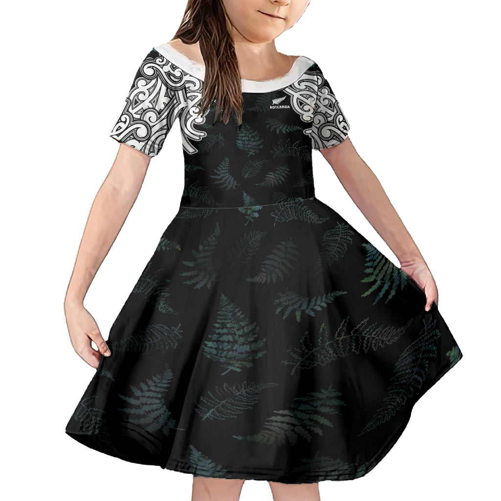 Custom New Zealand Fern Women Rugby Family Matching Long Sleeve Bodycon Dress and Hawaiian Shirt Maori Pattern LT05 Daughter's Dress Black - Polynesian Pride
