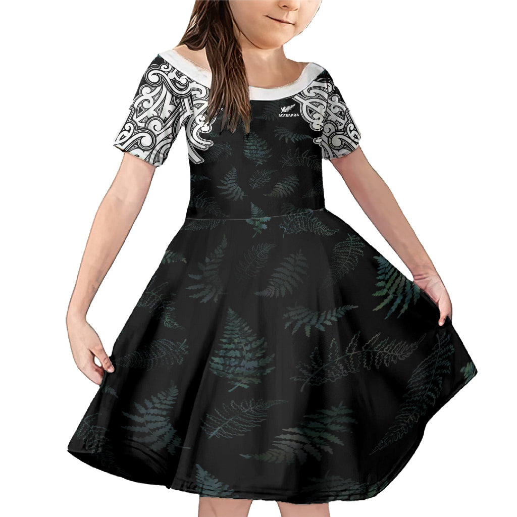 Custom New Zealand Fern Women Rugby Family Matching Mermaid Dress and Hawaiian Shirt Maori Pattern LT05 Daughter's Dress Black - Polynesian Pride