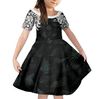 Custom New Zealand Fern Women Rugby Family Matching Off The Shoulder Long Sleeve Dress and Hawaiian Shirt Maori Pattern LT05 Daughter's Dress Black - Polynesian Pride