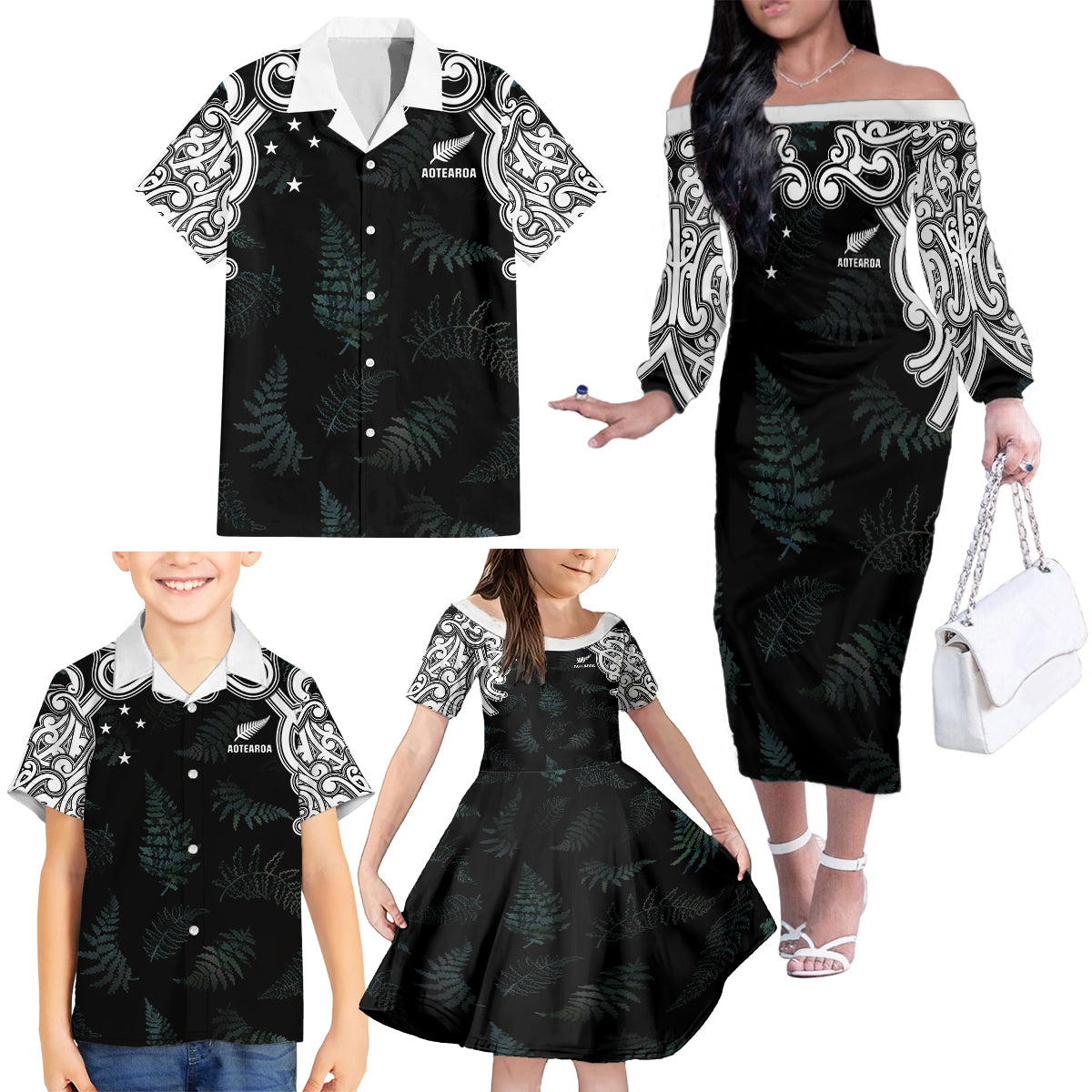 Custom New Zealand Fern Women Rugby Family Matching Off The Shoulder Long Sleeve Dress and Hawaiian Shirt Maori Pattern LT05 - Polynesian Pride
