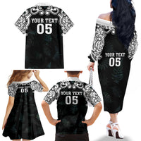 Custom New Zealand Fern Women Rugby Family Matching Off The Shoulder Long Sleeve Dress and Hawaiian Shirt Maori Pattern LT05 - Polynesian Pride