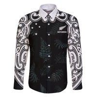 Custom New Zealand Fern Women Rugby Family Matching Off The Shoulder Long Sleeve Dress and Hawaiian Shirt Maori Pattern LT05 Dad's Shirt - Long Sleeve Black - Polynesian Pride