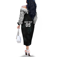 Custom New Zealand Fern Women Rugby Family Matching Off The Shoulder Long Sleeve Dress and Hawaiian Shirt Maori Pattern LT05 - Polynesian Pride