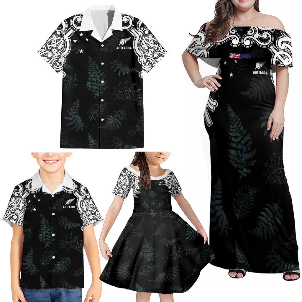 Custom New Zealand Fern Women Rugby Family Matching Off Shoulder Maxi Dress and Hawaiian Shirt Maori Pattern LT05 - Polynesian Pride