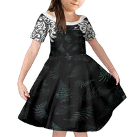Custom New Zealand Fern Women Rugby Family Matching Off Shoulder Short Dress and Hawaiian Shirt Maori Pattern LT05 Daughter's Dress Black - Polynesian Pride