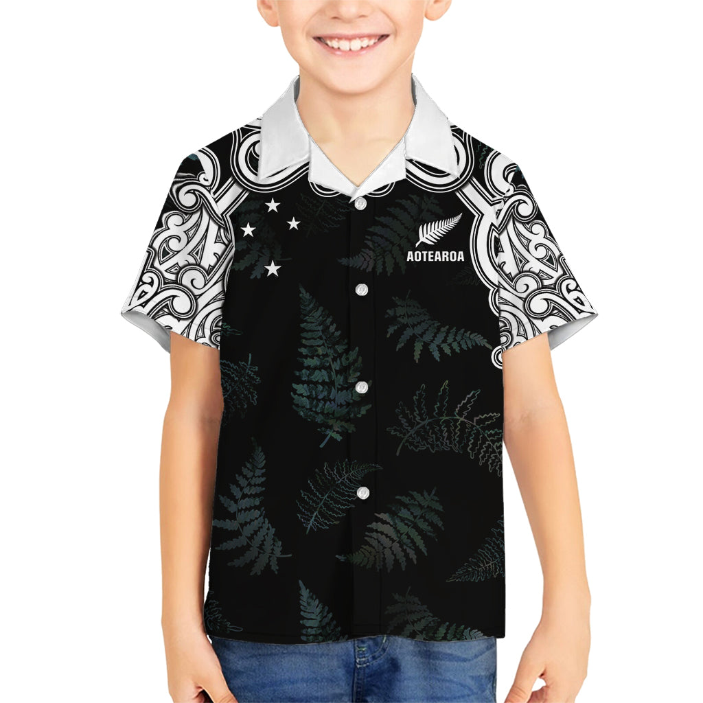 Custom New Zealand Fern Women Rugby Family Matching Off Shoulder Short Dress and Hawaiian Shirt Maori Pattern LT05 Son's Shirt Black - Polynesian Pride