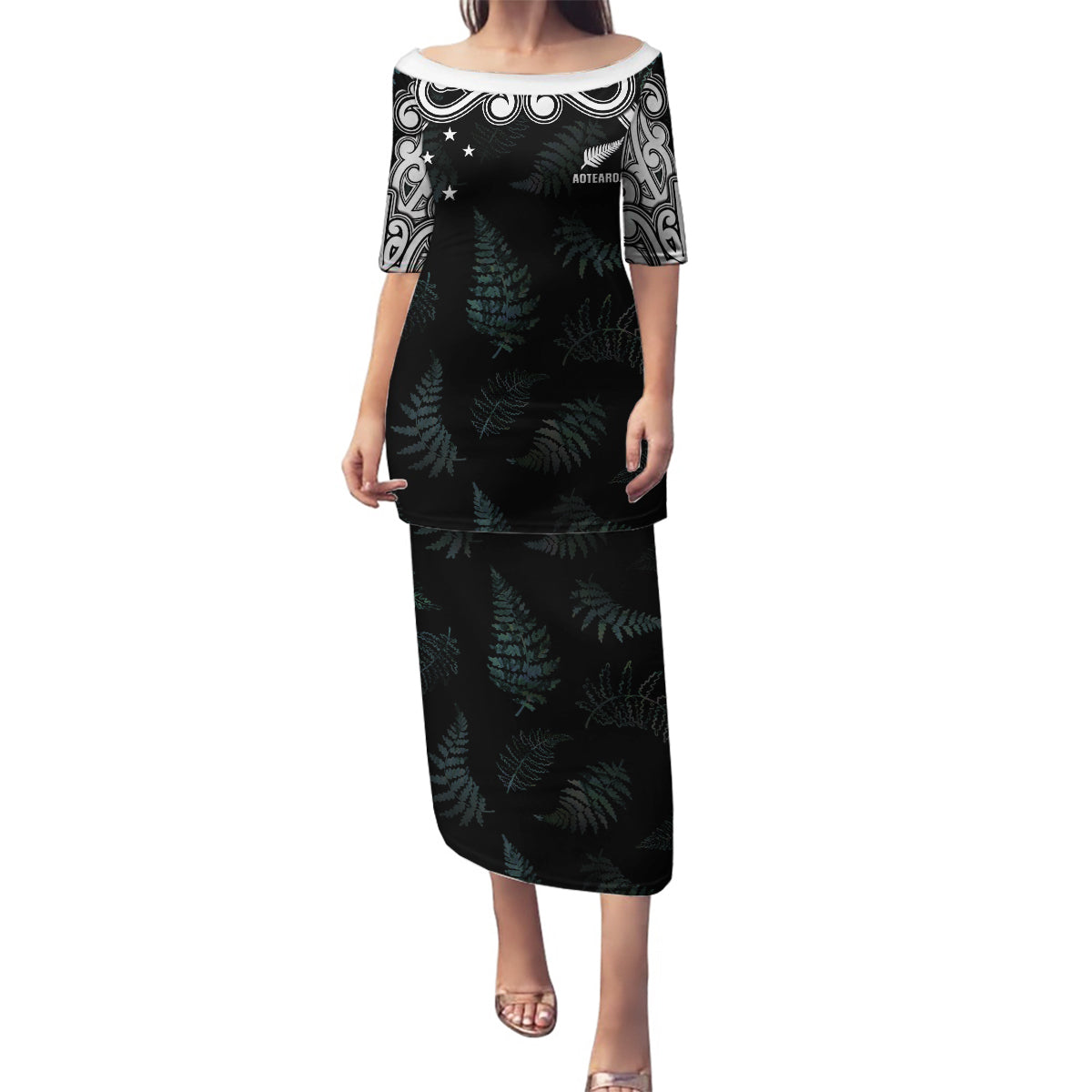 Custom New Zealand Fern Women Rugby Family Matching Puletasi and Hawaiian Shirt Maori Pattern LT05 Mom's Dress Black - Polynesian Pride