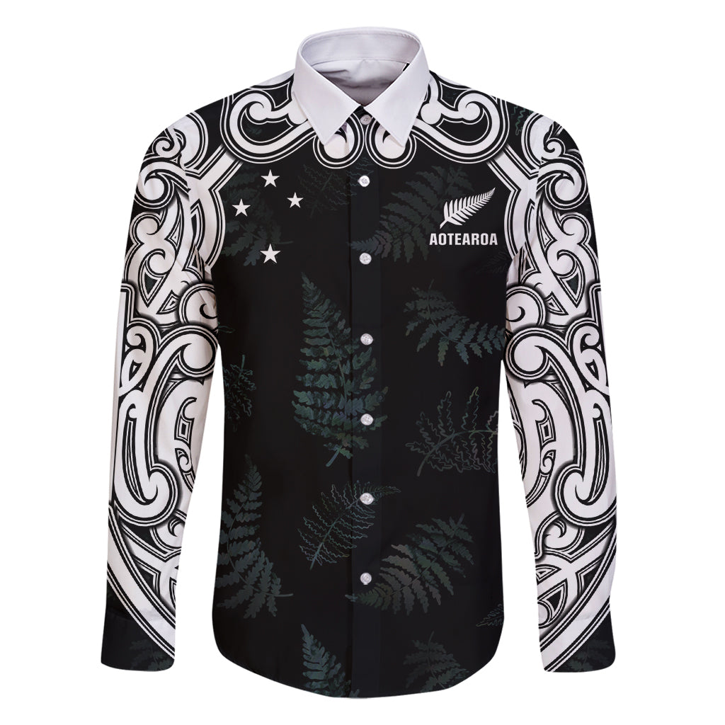Custom New Zealand Fern Women Rugby Family Matching Tank Maxi Dress and Hawaiian Shirt Maori Pattern LT05 Dad's Shirt - Long Sleeve Black - Polynesian Pride