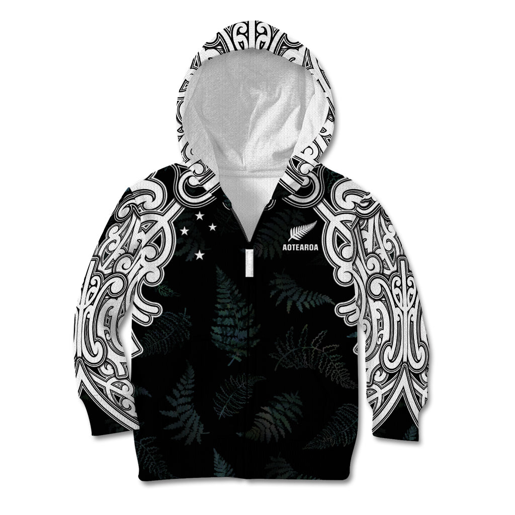 Custom New Zealand Fern Women Rugby Kid Hoodie Maori Pattern LT05 Zip Hoodie Black - Polynesian Pride