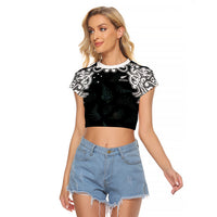 Custom New Zealand Fern Women Rugby Raglan Cropped T Shirt Maori Pattern LT05 Female Black - Polynesian Pride