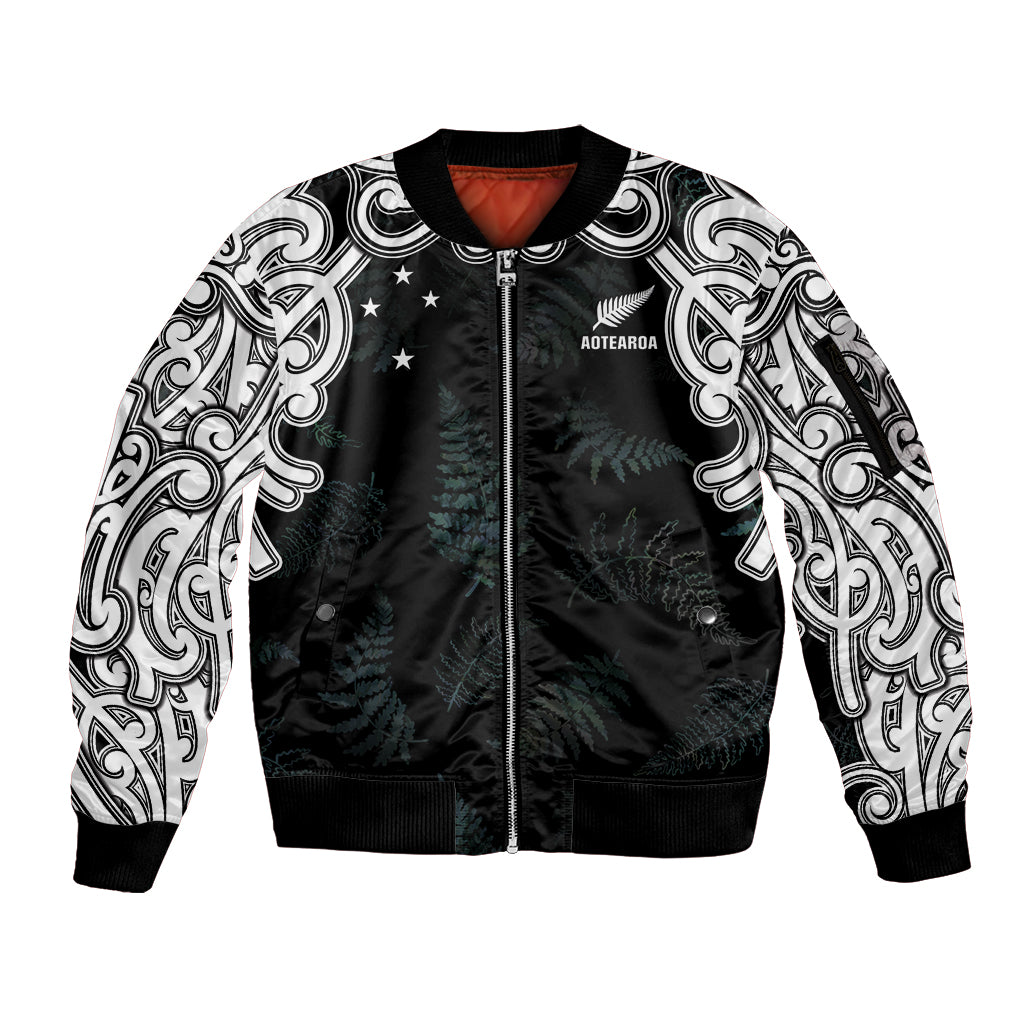 Custom New Zealand Fern Women Rugby Sleeve Zip Bomber Jacket Maori Pattern LT05 Unisex Black - Polynesian Pride