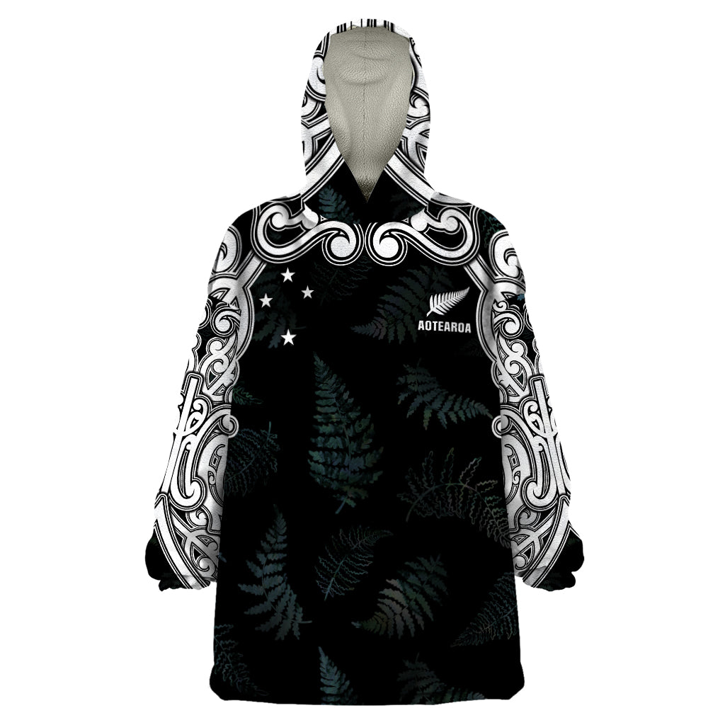 Custom New Zealand Fern Women Rugby Wearable Blanket Hoodie Maori Pattern LT05 One Size Black - Polynesian Pride