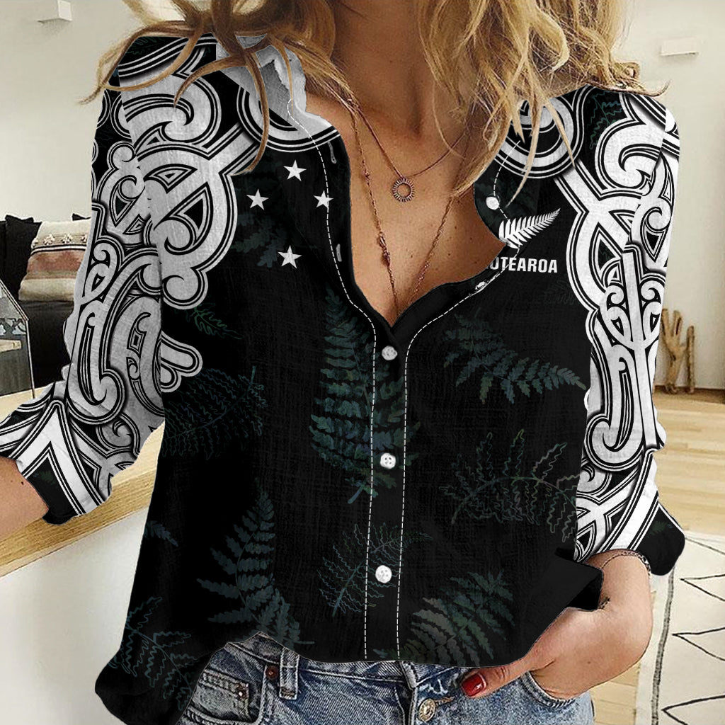 Custom New Zealand Fern Women Rugby Women Casual Shirt Maori Pattern LT05 Female Black - Polynesian Pride