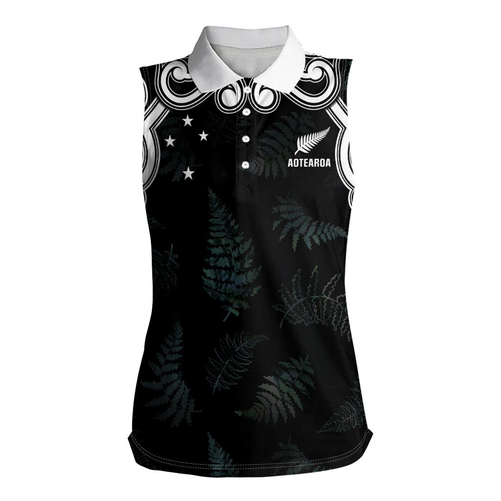 Custom New Zealand Fern Women Rugby Women Sleeveless Polo Shirt Maori Pattern LT05 Female Black - Polynesian Pride