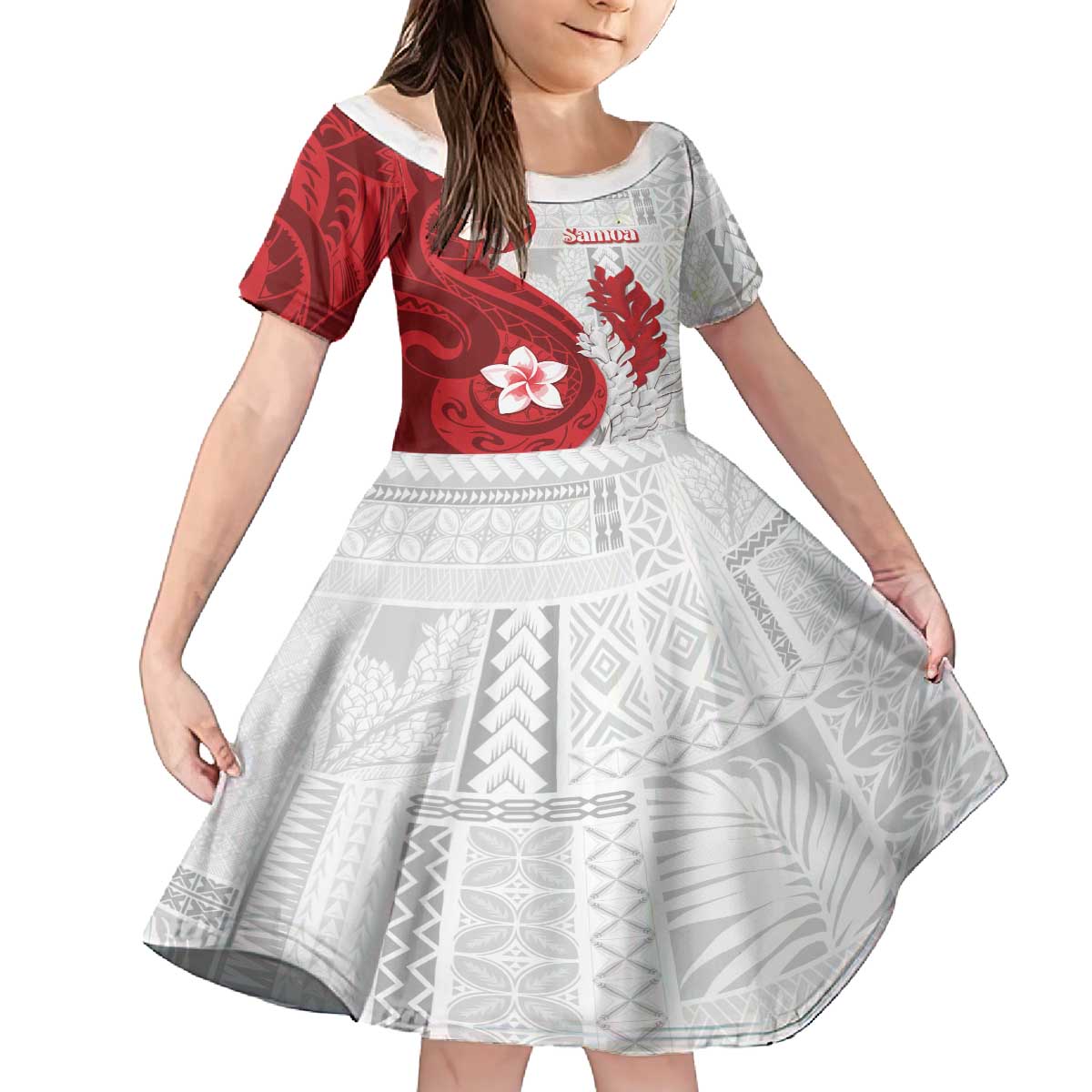 Samoa Teuila 2024 Family Matching Off The Shoulder Long Sleeve Dress and Hawaiian Shirt Samoan Siapo Pattern Red Version LT05 Daughter's Dress Red - Polynesian Pride