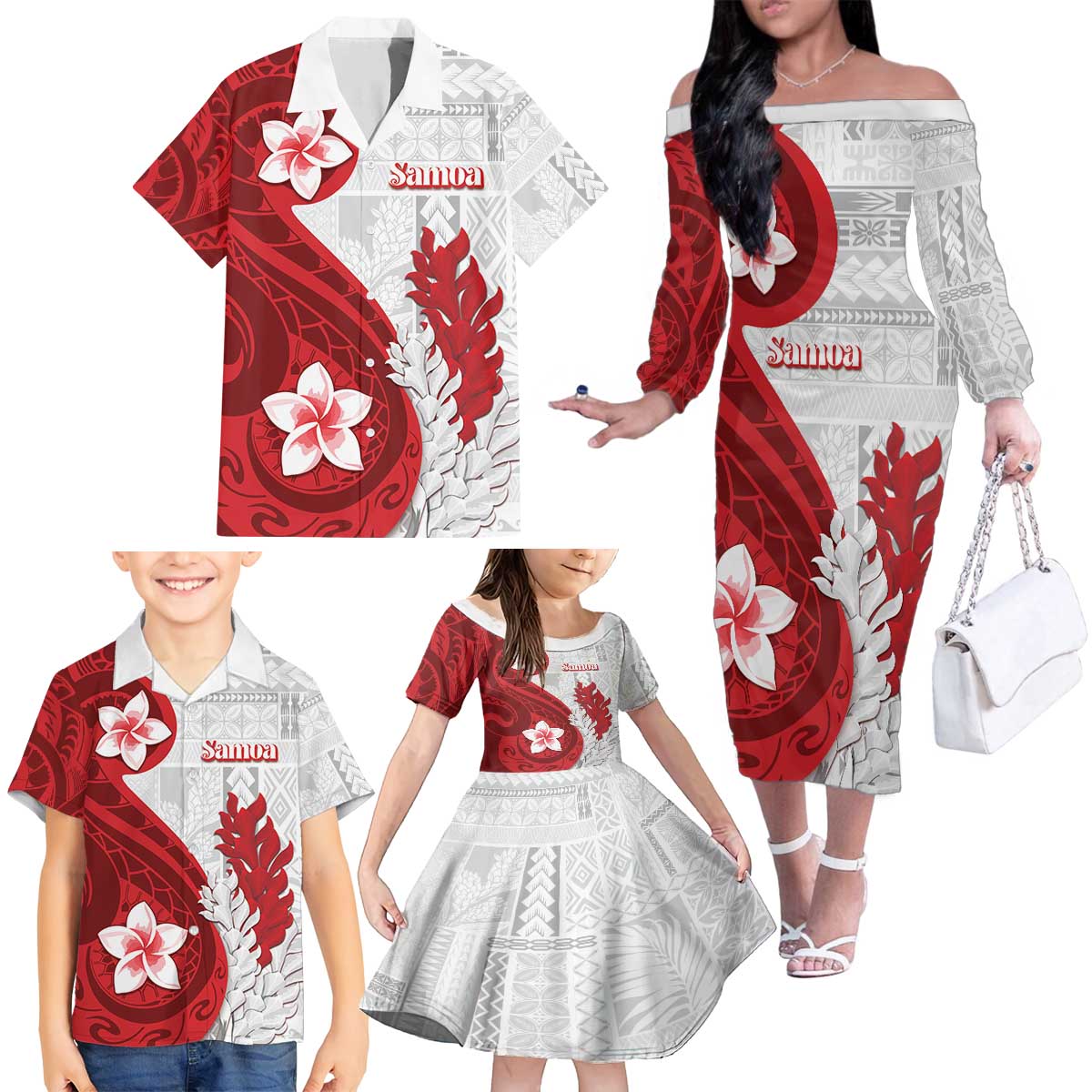 Samoa Teuila 2024 Family Matching Off The Shoulder Long Sleeve Dress and Hawaiian Shirt Samoan Siapo Pattern Red Version LT05 - Polynesian Pride