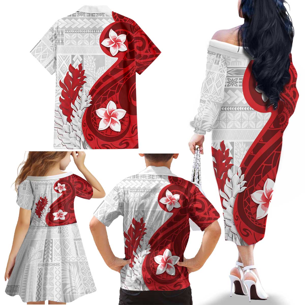 Samoa Teuila 2024 Family Matching Off The Shoulder Long Sleeve Dress and Hawaiian Shirt Samoan Siapo Pattern Red Version LT05 - Polynesian Pride