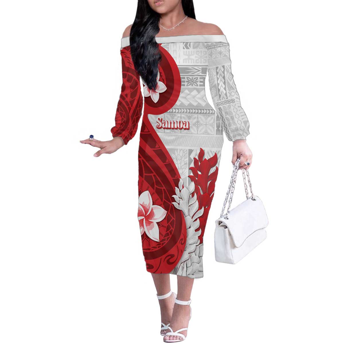 Samoa Teuila 2024 Family Matching Off The Shoulder Long Sleeve Dress and Hawaiian Shirt Samoan Siapo Pattern Red Version LT05 Mom's Dress Red - Polynesian Pride