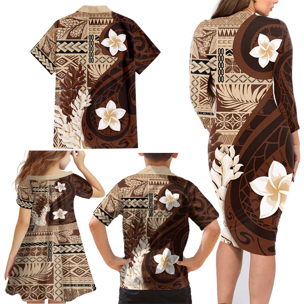 Samoa Teuila 2024 Family Matching Long Sleeve Bodycon Dress and Hawaiian Shirt Samoan Siapo Pattern Brown Version LT05 - Polynesian Pride