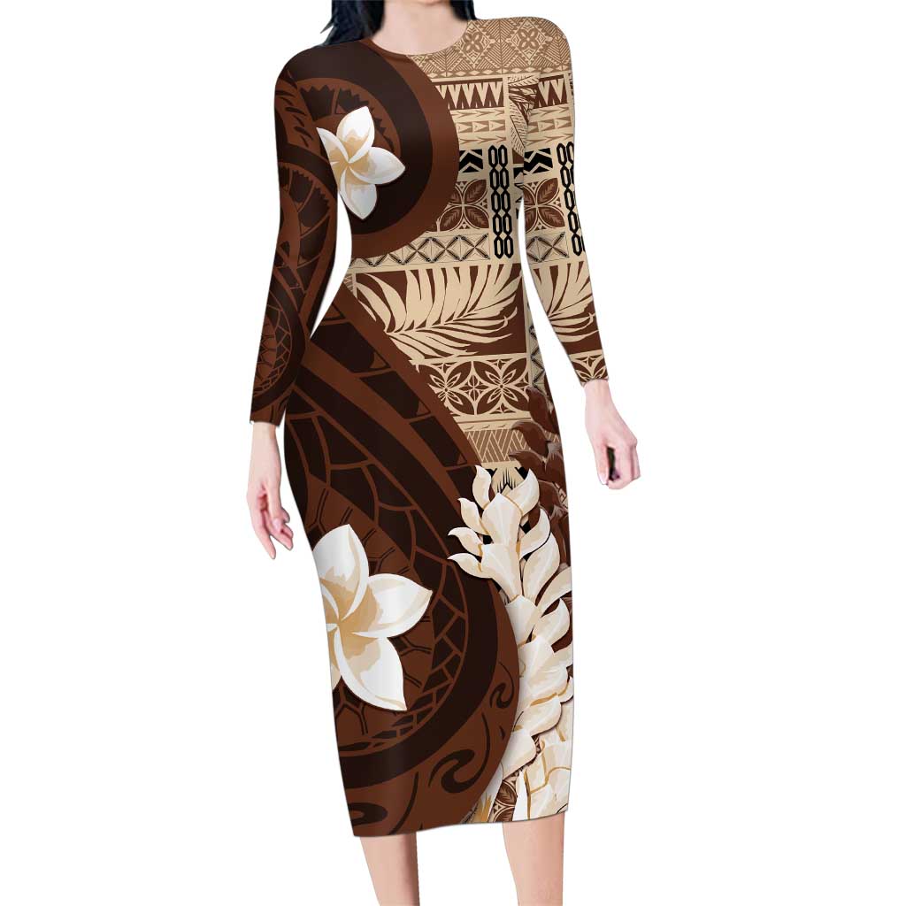 Samoa Teuila 2024 Family Matching Long Sleeve Bodycon Dress and Hawaiian Shirt Samoan Siapo Pattern Brown Version LT05 Mom's Dress Brown - Polynesian Pride