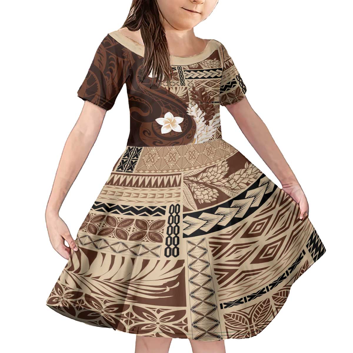 Samoa Teuila 2024 Family Matching Off The Shoulder Long Sleeve Dress and Hawaiian Shirt Samoan Siapo Pattern Brown Version LT05 Daughter's Dress Brown - Polynesian Pride