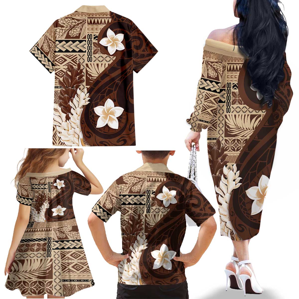 Samoa Teuila 2024 Family Matching Off The Shoulder Long Sleeve Dress and Hawaiian Shirt Samoan Siapo Pattern Brown Version LT05 - Polynesian Pride