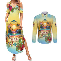 Aloha Hawaii Turtle Couples Matching Summer Maxi Dress and Long Sleeve Button Shirt Retro Style LT05 Beige - Polynesian Pride