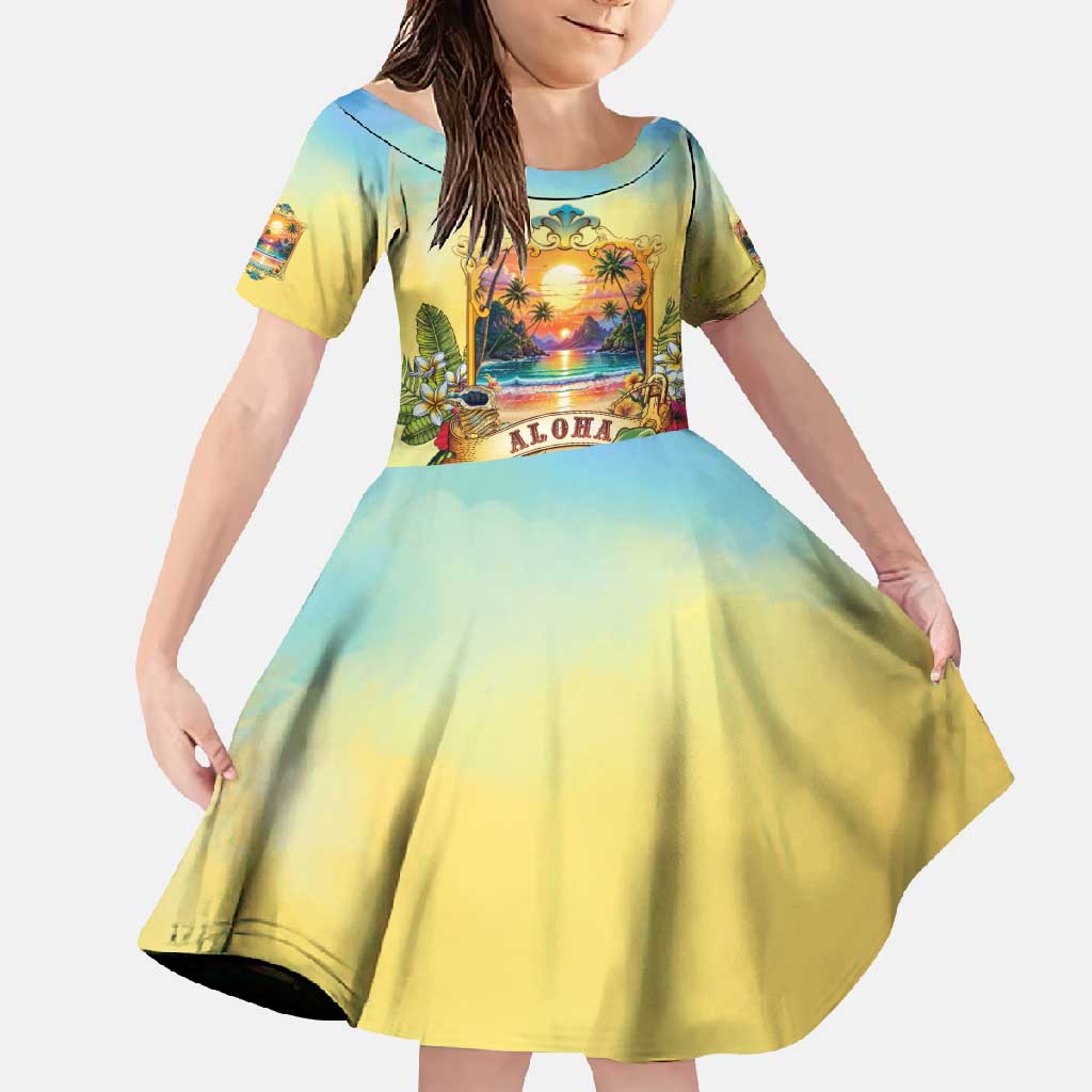 Aloha Hawaii Turtle Family Matching Long Sleeve Bodycon Dress and Hawaiian Shirt Retro Style LT05 Daughter's Dress Beige - Polynesian Pride