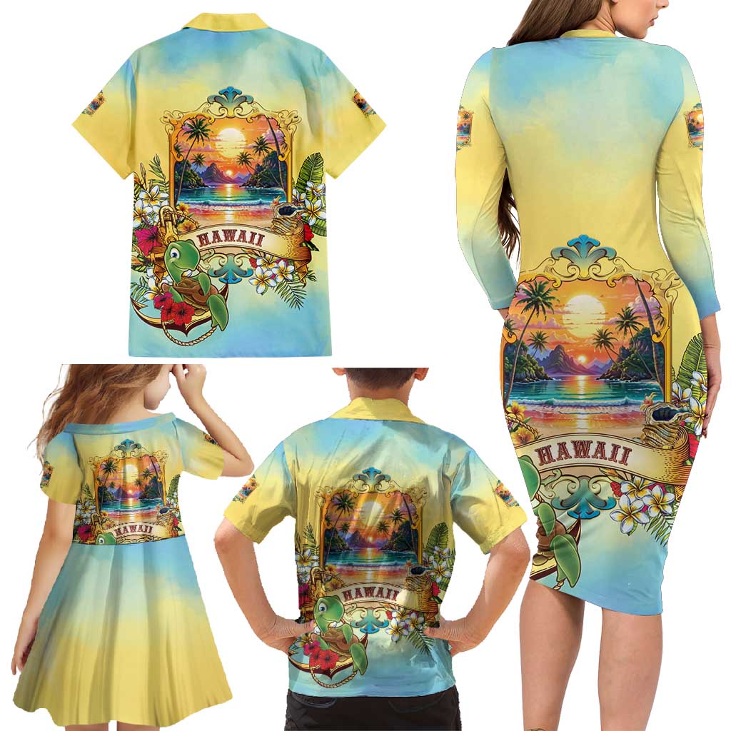 Aloha Hawaii Turtle Family Matching Long Sleeve Bodycon Dress and Hawaiian Shirt Retro Style LT05 - Polynesian Pride