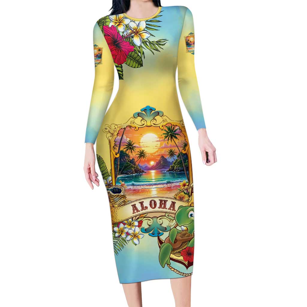 Aloha Hawaii Turtle Family Matching Long Sleeve Bodycon Dress and Hawaiian Shirt Retro Style LT05 Mom's Dress Beige - Polynesian Pride