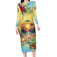 Aloha Hawaii Turtle Family Matching Long Sleeve Bodycon Dress and Hawaiian Shirt Retro Style LT05 Mom's Dress Beige - Polynesian Pride